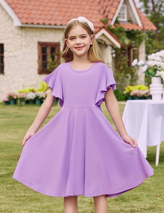 Arshiner Girl's Summer Dresses Ruffle Short Sleeve Swing Flowy Midi Casual Sundress